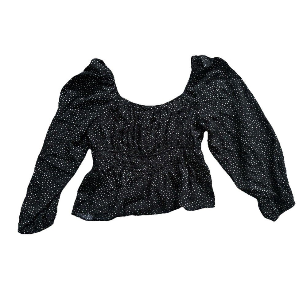 A New Day Woman's Long Sleeve Ruched Top Size Medium Black With Polka Dots - Picture 6 of 7